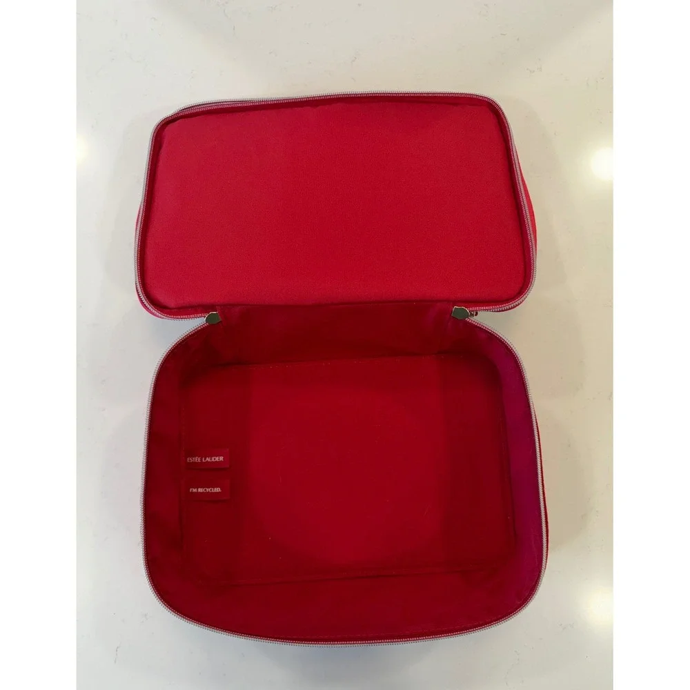 Estee Lauder Red Velvet Bow Train Case Double Zip Cosmetic Makeup Travel Bag